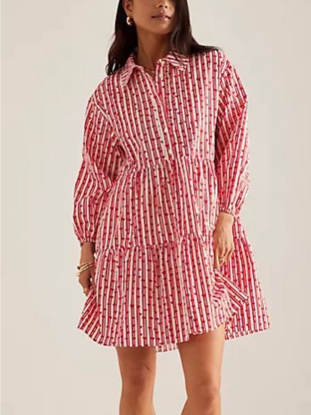 Anthropologie Maeve Red and White Striped Button-Front Tiered Shirt Dress